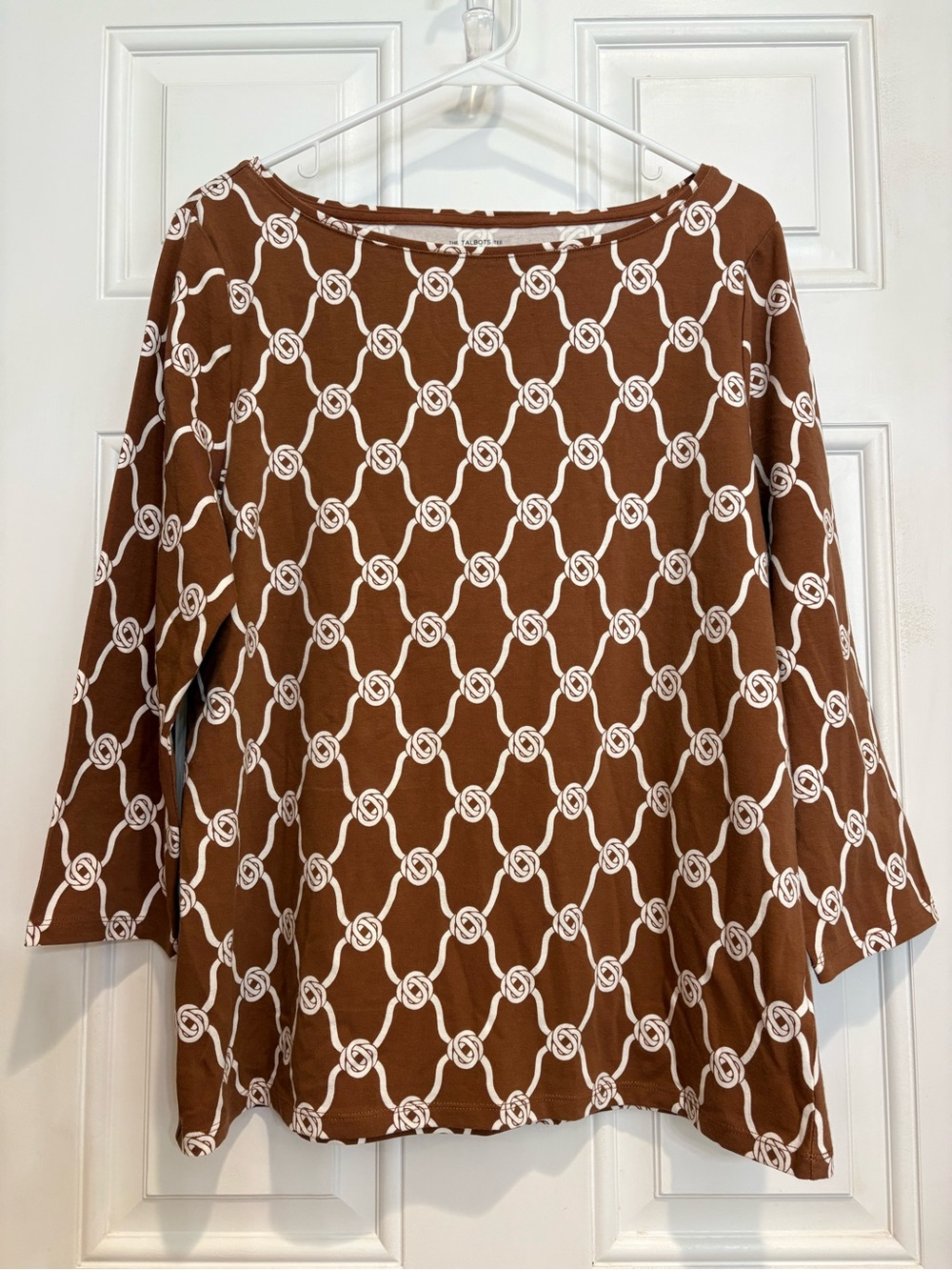 Women’s Talbots Bateau Neck Tee with Interlocking Knots Pattern, Size L